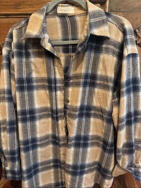 By Together Navy and Tan Plaid Button-Down flannel Shirt